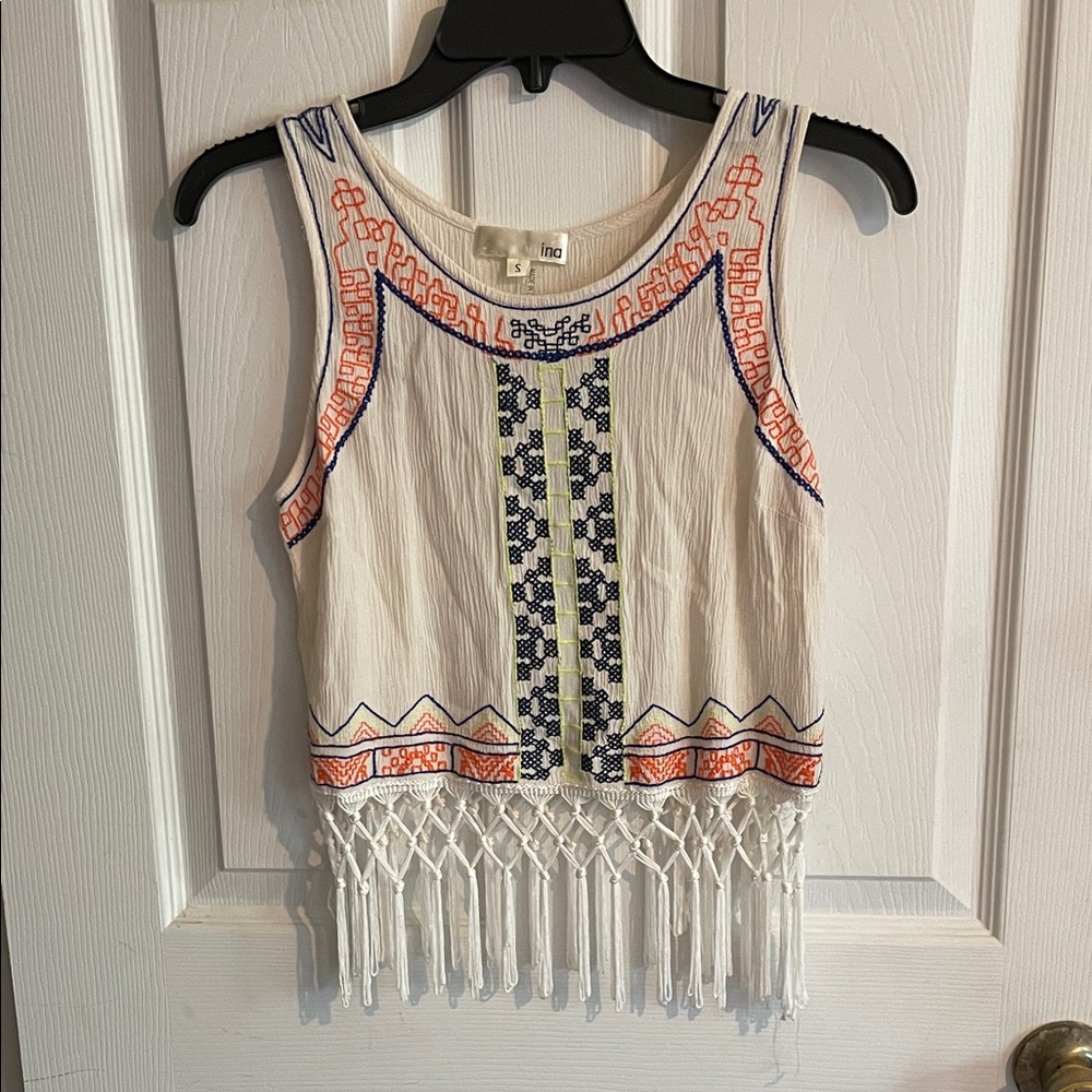 Aniina Cream and Orange Embroidered Tank Top